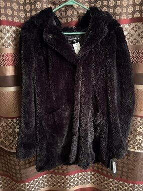 Kenneth Cole Plush Faux Fur Hooded Jacket in Deep Black